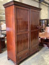 A George III style satinwood banded mahogany wardrobe, width 150cm, depth 61cm, height 201cm