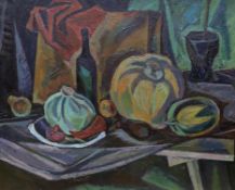 Impasto oil on canvas, Still life of vessels and vegetables, inscribed in cyrillic verso, 96 x