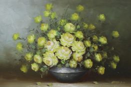 A.S. Prague, oil on canvas, Still life of roses in a bowl, signed, 59 x 89cm