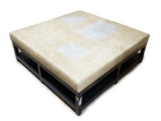 A custom made Bray Design square ottoman stool with Altfield Moore Domaine Cloud Grey leather top,