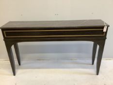 A custom made Decca Furniture black walnut console table with Livra marble top, width 140cm, depth