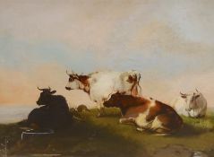 Thomas Sidney Cooper (1803-1902), oil on board, Cattle before landscape, unsigned, applied plaque to