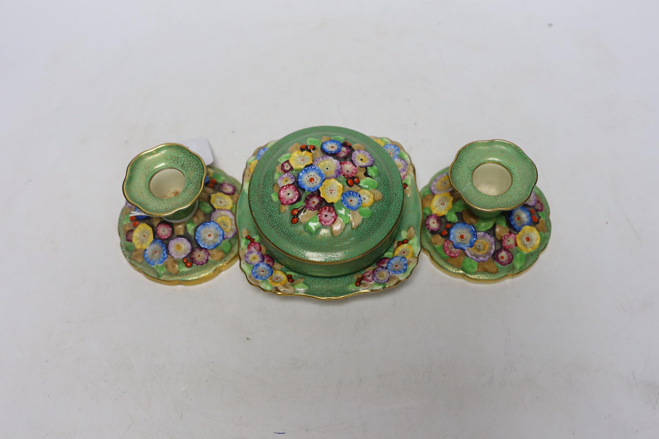 A pair of Tuscan china "Plant" pattern floral encrusted dwarf candlesticks, a circular lidded box - Image 2 of 4