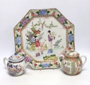 A Chinese Imari pattern teapot, a Cantonese lidded jar and an octagonal Japanese charger