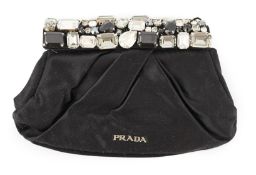 A Prada Raso Stones Nero black satin clutch bag with black and clear paste handle, height 12cm,