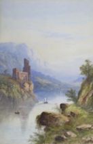 E.L. Raymond (British, mid 19th century), watercolour, Alpine mountainous lake scene, signed,