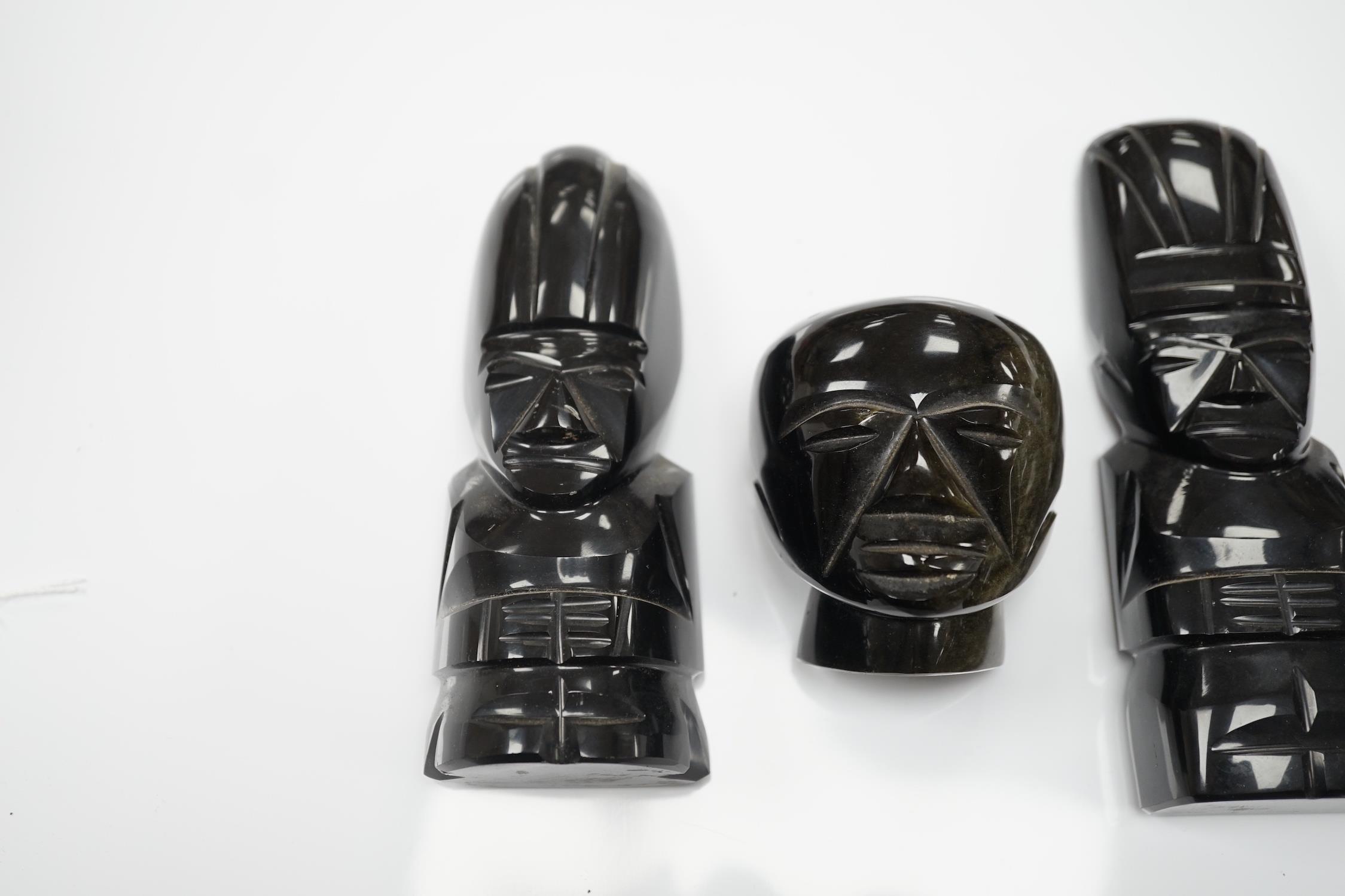 Three 20th century Aztec Mayan style carved obsidian stylised figures and a similar mask (4) tallest - Image 3 of 5