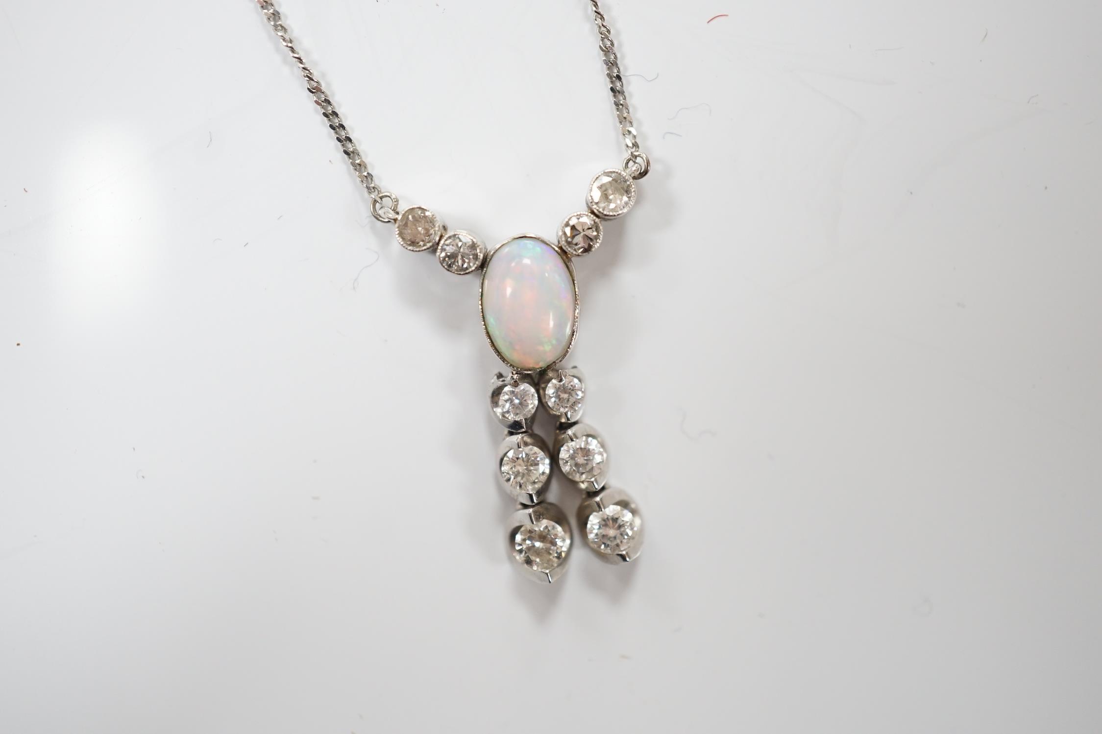 A modern 18ct white gold, white opal and diamond cluster set double drop pendant necklace, overall - Image 6 of 8