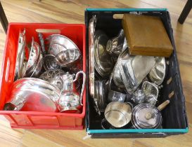 An assortment of silver plated ware including breakfast dishes, oval tray and vases