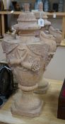 A large pair of Italian carved hardstone finial urns, 59cm