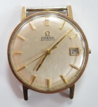 A gentleman's 9ct gold Omega automatic wrist watch, with date aperture, no strap or winding crown.