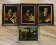 Four late 18th century reverse glass painted prints, including St Matthew, St John, St Mark and