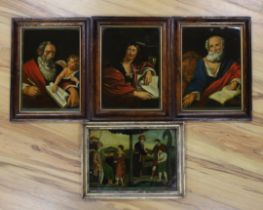 Four late 18th century reverse glass painted prints, including St Matthew, St John, St Mark and