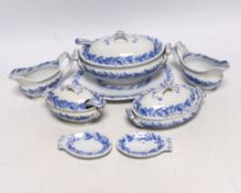A mid 19th century Staffordshire blue and white child’s toy dinner service, largest 17cm wide (7)