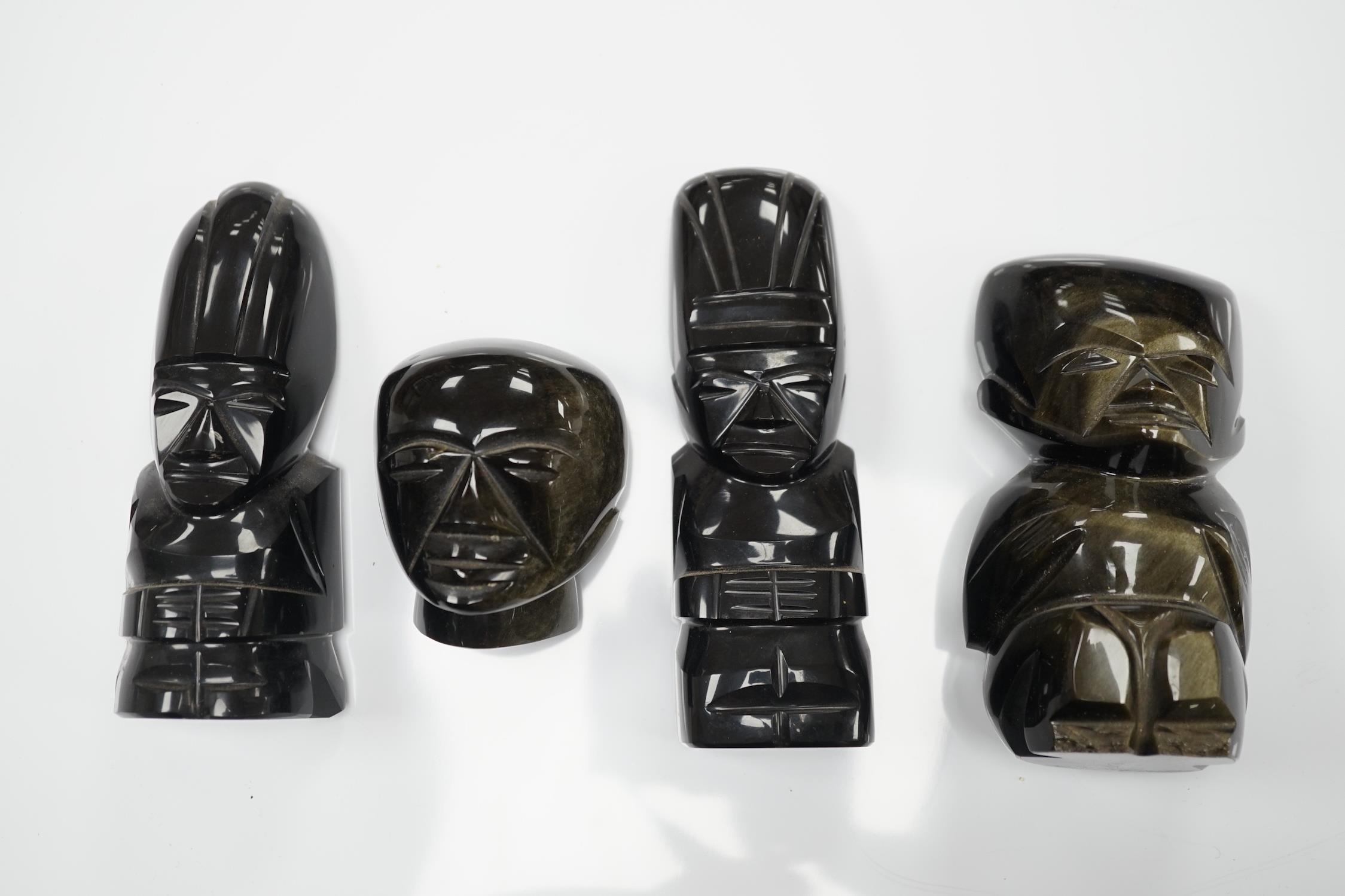 Three 20th century Aztec Mayan style carved obsidian stylised figures and a similar mask (4) tallest - Image 4 of 5