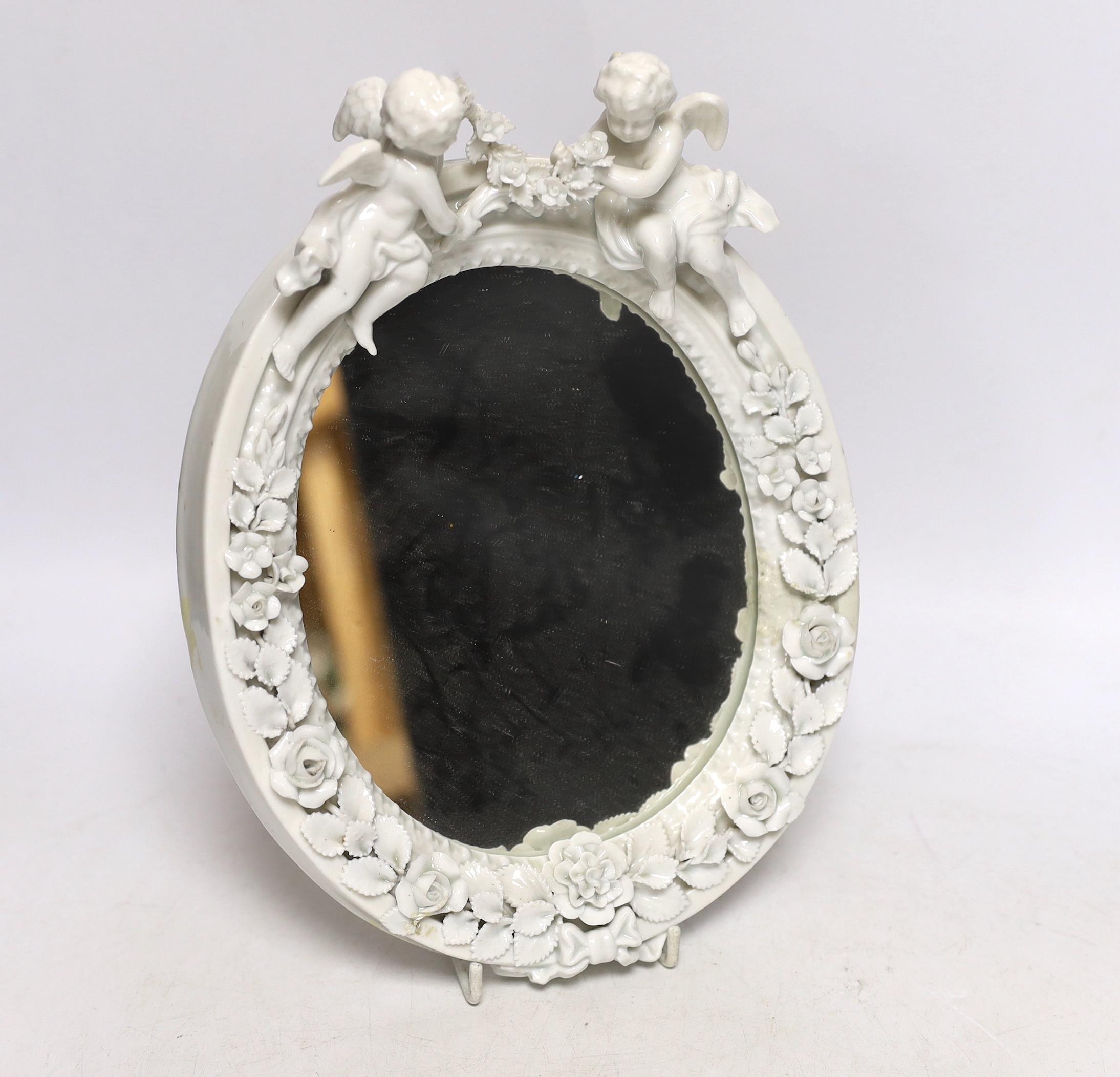 Seven Continental porcelain figures and an oval mirror with floral encrusted decoration, 27cm high - Image 5 of 6
