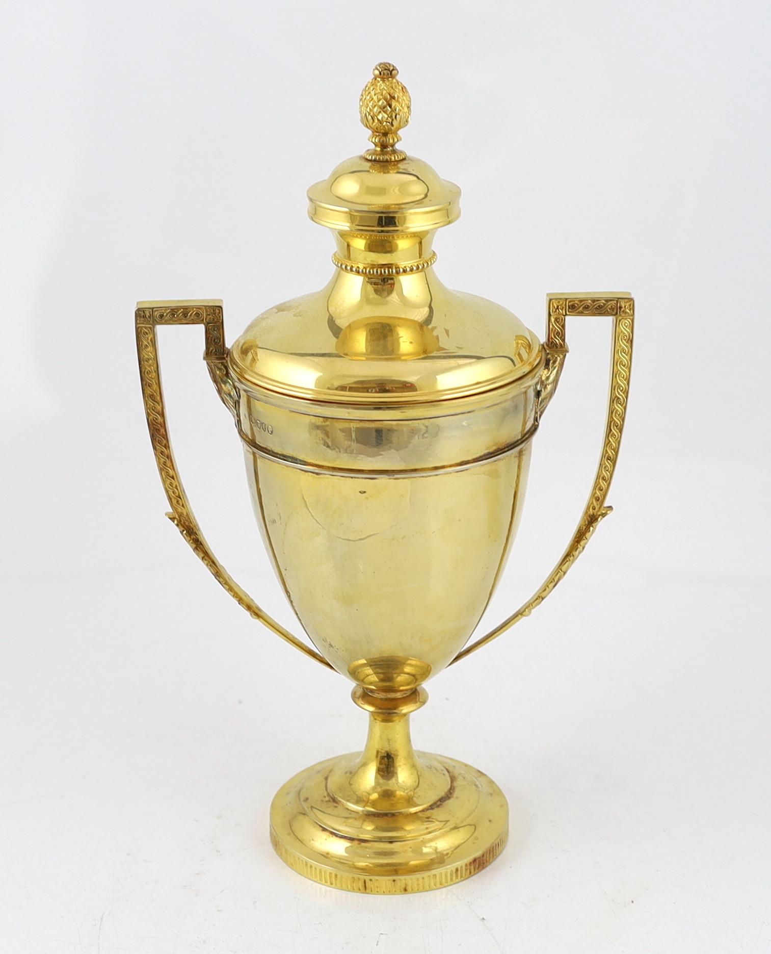 A late Victorian silver gilt two handled vase shaped presentation trophy cup, maker C?, with - Image 2 of 3