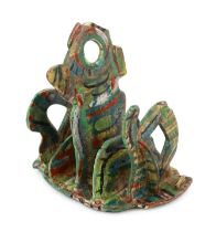 § Angus Suttie (1946-1993), a multi coloured glazed pottery toast rack, with five divisions, the