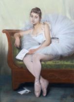 Pierre Carrier-Belleuse (French, 1851-1932) Portrait of a young ballerina seated upon a couch,