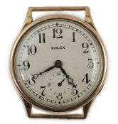 A George V 9ct gold Rolex manual wind wrist watch, the sunburst Arabic dial with subsidiary
