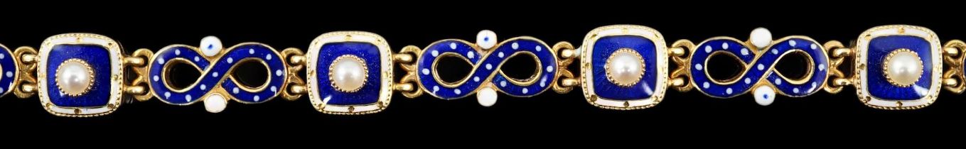 An early 20th century gold (tests as 18ct), two colour enamel and spilt pearl set bracelet, with