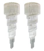 A pair of Venini for Murano glass drop chandeliers, each with seven tiers of concentric spiral