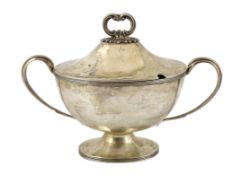 An early Victorian silver oval pedestal two handled sauce tureen, by Creswick & Co, with reeded