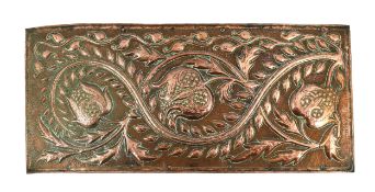 John Pearson (1859-1930), an Arts and Crafts copper plaque, embossed, chased and planished with