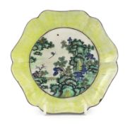 A Chinese enamelled Yixing pottery hexafoil shaped dish, Qianlong/Jiaqing period, painted in famille