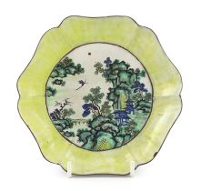 A Chinese enamelled Yixing pottery hexafoil shaped dish, Qianlong/Jiaqing period, painted in famille