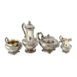 An early Victorian Scottish silver pyriform four piece tea and coffee service by William Marshall,