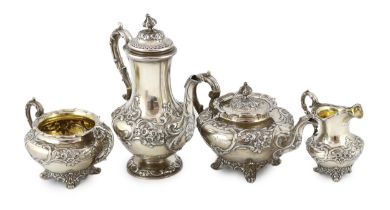 An early Victorian Scottish silver pyriform four piece tea and coffee service by William Marshall,