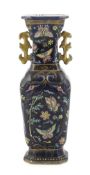 An unusual Chinese blue glazed two handled vase, the porcelain Qianlong period, the enamelled