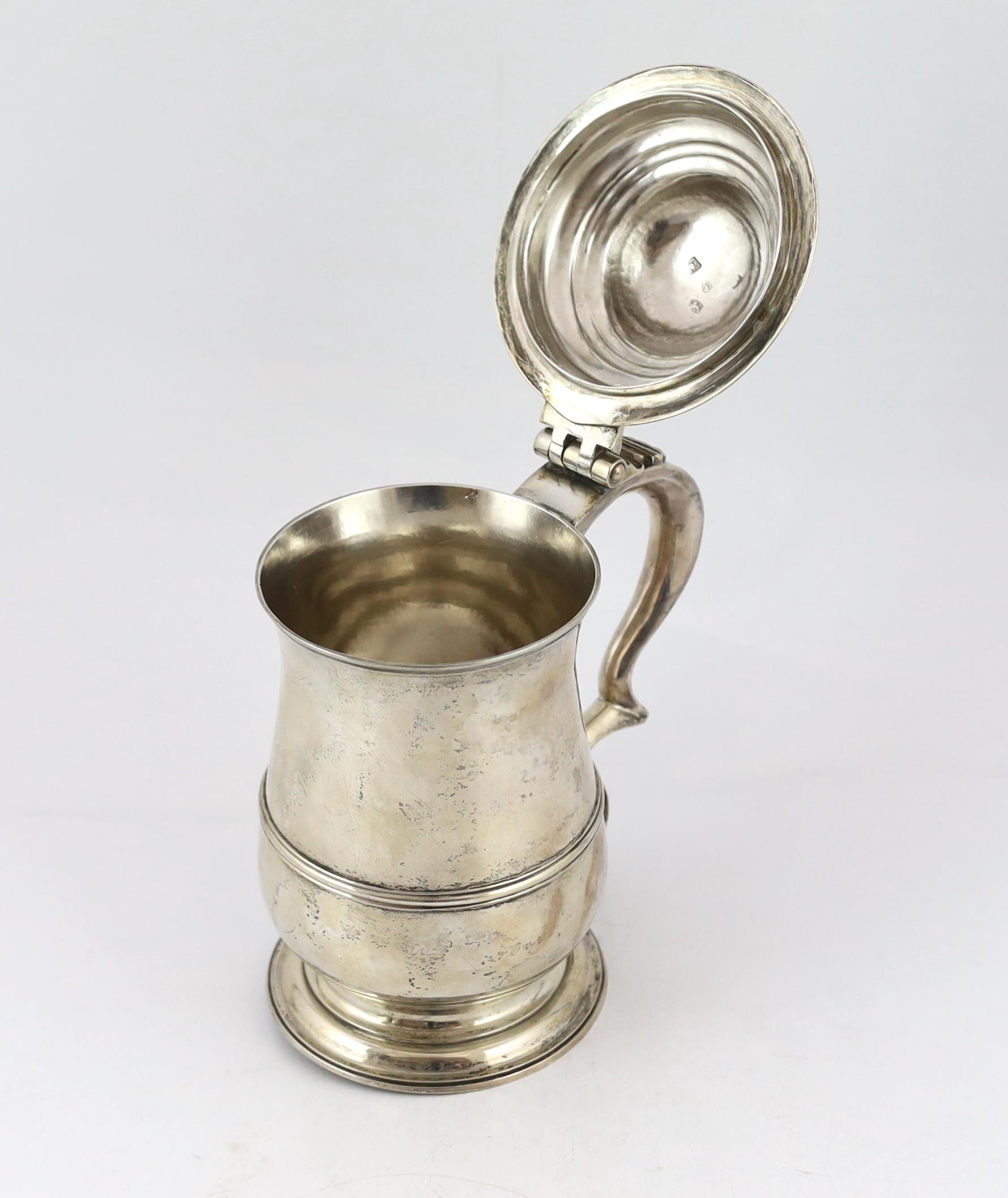 A George III silver tankard by W & J Priest, with hinged domed cover of baluster form, with banded - Image 2 of 5