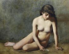 Late 19th Century French School Seated female nude holding a seashelloil on canvas78 x 98cm***