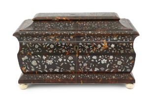 A Regency mother of pearl inset tortoiseshell sarcophagus tea caddy with dense floral decoration