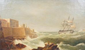 Attributed to Giovanni Schranz (Maltese, 1794-1882) A Private First Rate Man O’ War entering Valetta