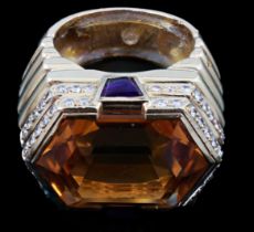 A late 20th century French 18ct gold and single stone hexagonal cut citrine set dress ring, with