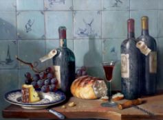§ § Raymond Campbell (English, b.1956) Still life of claret, cheese and grapes upon a ledge with