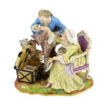 A Meissen group of an old woman and her young lover, 19th century, the lady seated on a chair beside