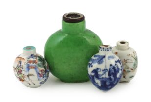 A large Chinese green crackle glazed snuff bottle, Daoguang mark and period, and three other 19th