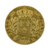 Gold coins, Louis XVIII 20 Francs London Mint, 1815R, probably demounted at the 12 o’clock position,