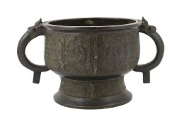 A large Chinese archaistic bronze censer, gui, 17th century, cast in relief with taotie masks and