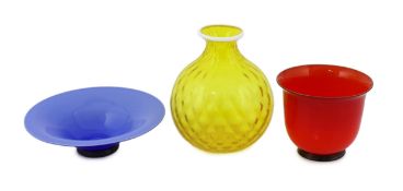 Three Venini multi coloured glass vessels, 1980's, comprising a yellow honeycomb moulded vase with
