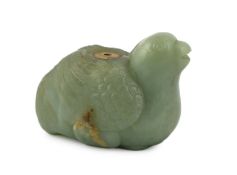 A Chinese celadon jade 'quail' waterdropper, 18th / 19th century, carved in recumbent pose, with