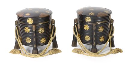 A pair of large Japanese black lacquer circular boxes and covers, Hokkai Bako, 19th century, each