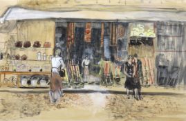 § § Anthony W. Gross (English, 1905 -1984) 'Provence', figures outside a hardware shopwatercolour