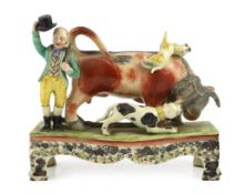 A Staffordshire pearlware bull baiting group, of Obadiah Sherratt type, c.1830, the figure of a