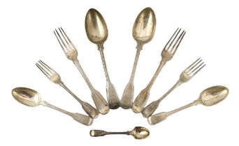 A harlequin part canteen of silver fiddle and thread pattern flatware, comprising eight table forks,