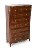 A Louis XVI style kingwood semanier with rouge marble top and seven long drawers, on cabriole